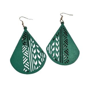Hunter Green Cut Wood Boho Design Drop Earrings